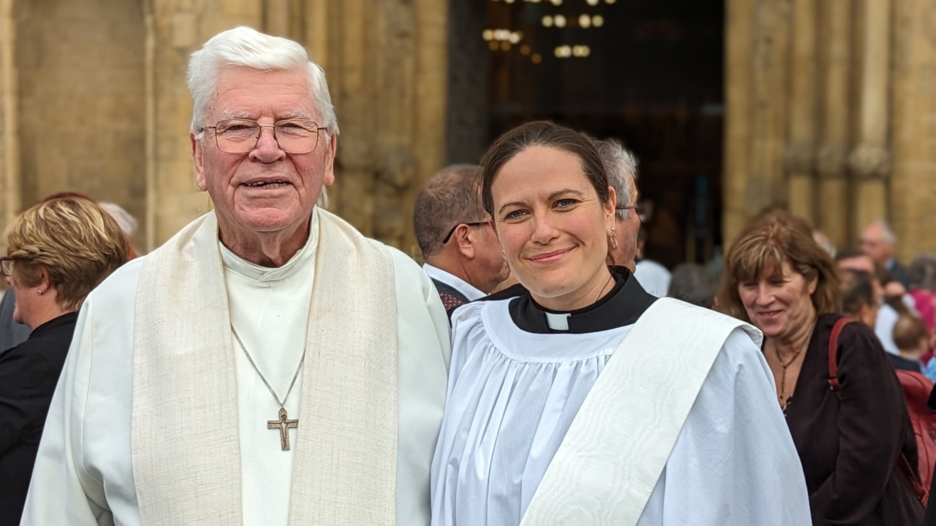 Canon Gordon and his daughter Anna outside Rochester Cathedral on her ordination day