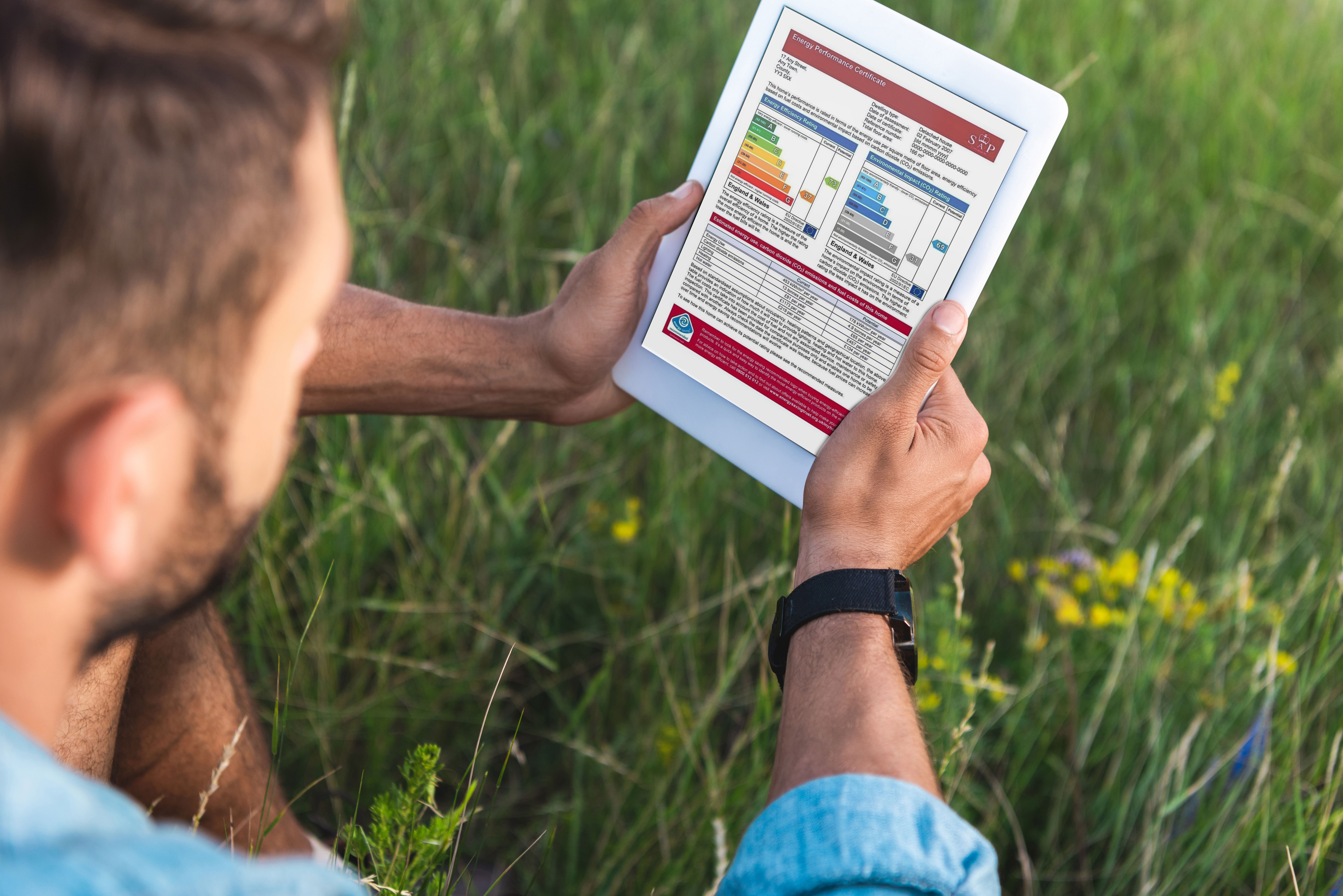 A man sits in a field and looks at the Energy Footprint Tool on a tablet.