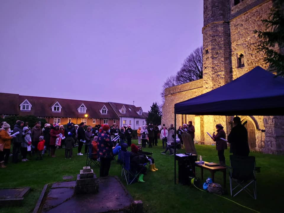 Worshippers gather outside Hoo church for carols