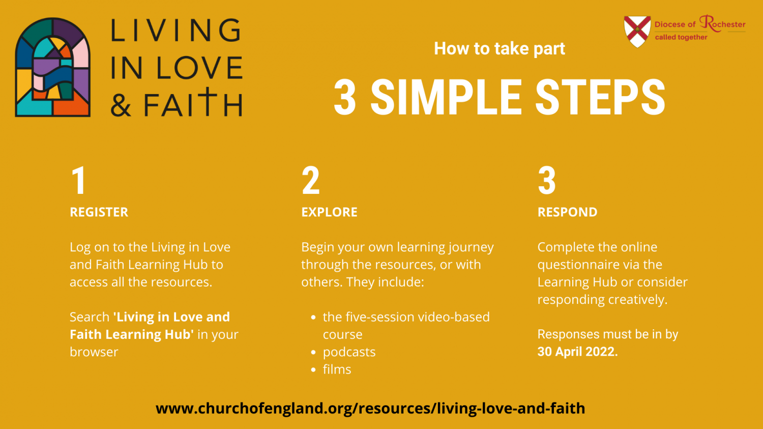 Register, explore, respond. 3 steps to take part in Living in Love and Faith
